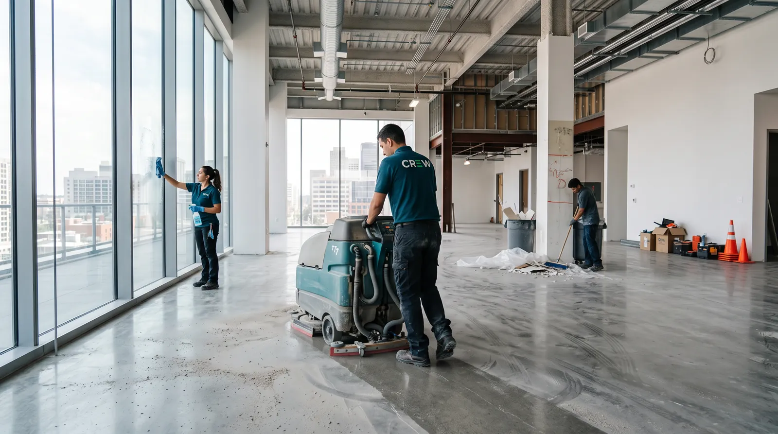Post-construction cleaning inside a newly completed industrial facility