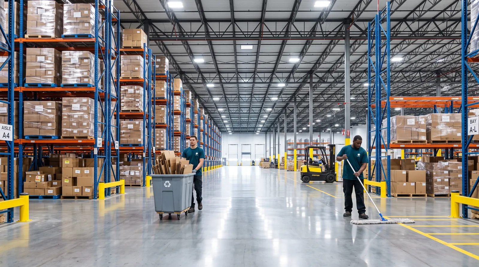 Spotless Canada crew cleaning a large warehouse and fulfillment facility