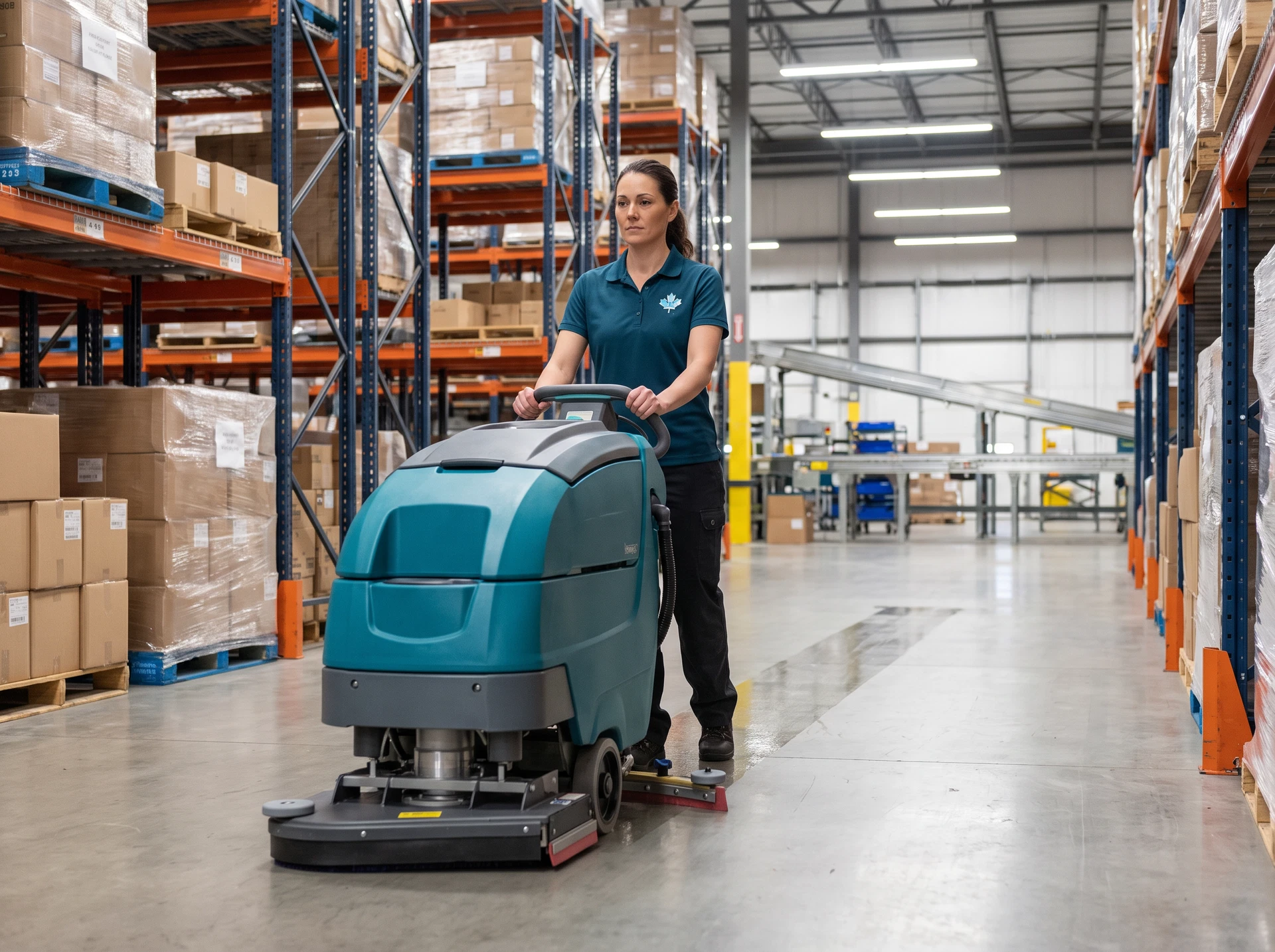 Spotless Canada employee operating a walk-behind floor scrubber inside a large 3PL fulfillment centre