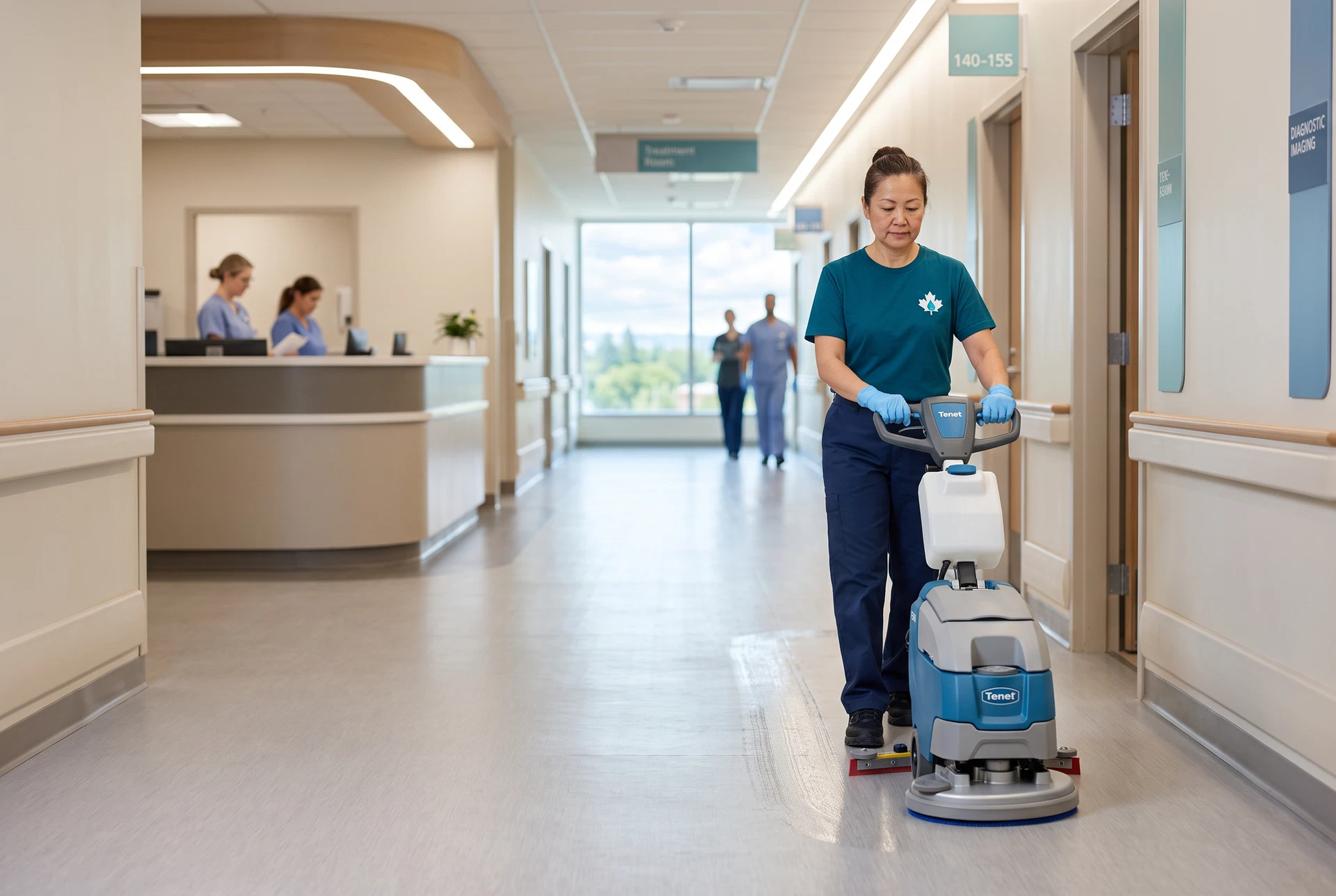 Spotless Canada environmental-services cleaner maintaining a bright hospital corridor